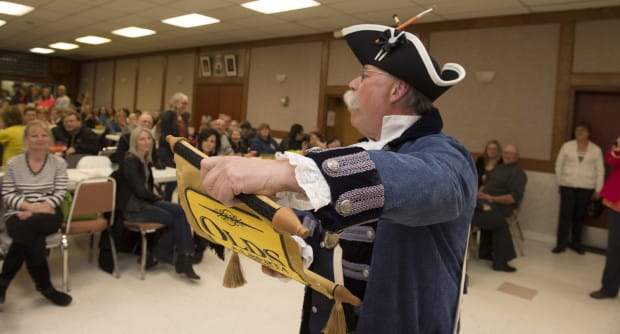 Olds Town Crier Denis Patry opens Art Battle Olds 2014.